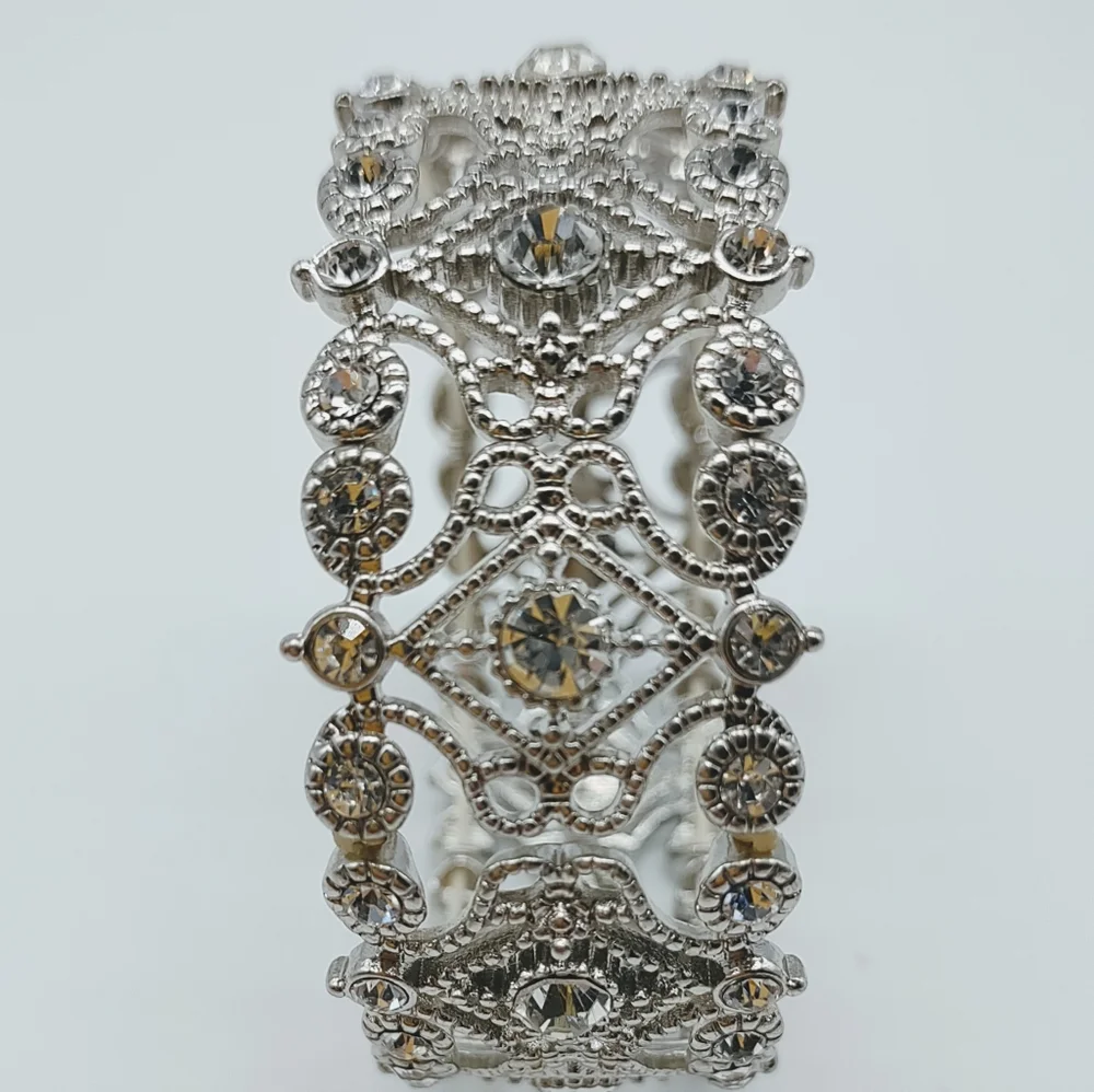 Vintage Rhinestone Silver Tone Metal Filigree Stretch Bracelet - Picture 7 of 7